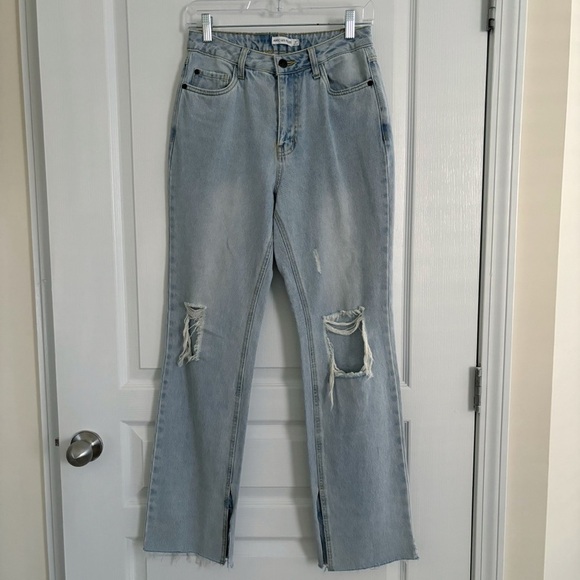 Avec Les Filles Denim - Avec Les Filles Slit Hem Straight Leg Distressed High Rise Jeans Sz 27